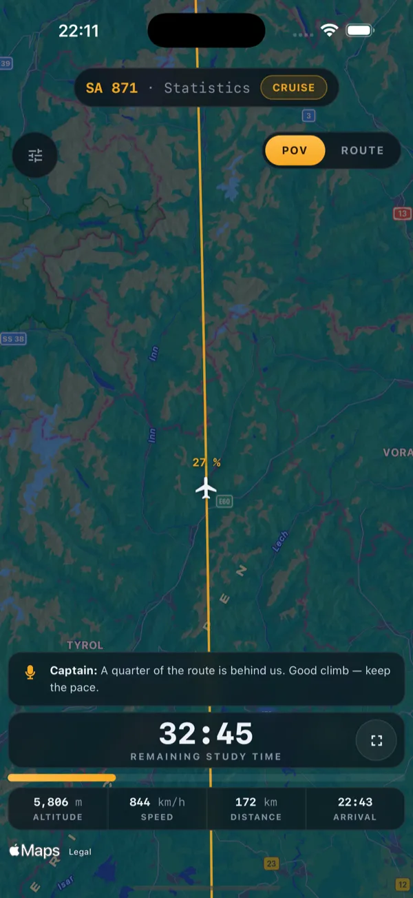 Study Airlines on iPhone: the map flies the route, below it the remaining study time